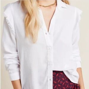 Anthropologie Cloth & Stone Ruffle Trim White Button Down Shirt Size S